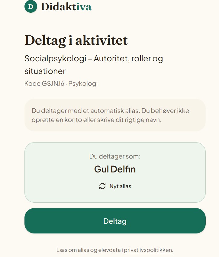 Elevens join-visning i Didaktiva med automatisk alias Gul Delfin og knappen Deltag