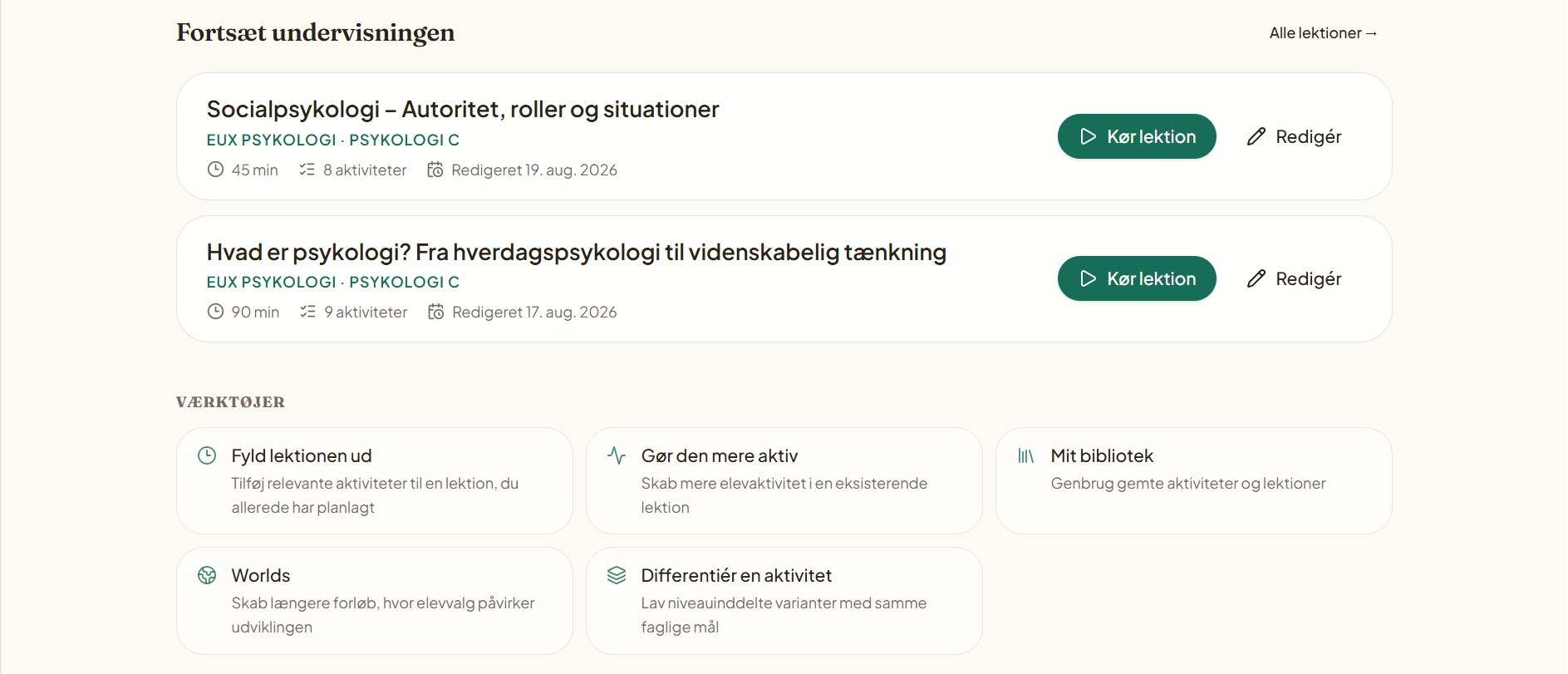 Didaktiva Hjem med Fortsæt undervisningen, lektioner med Kør lektion og Redigér samt værktøjer