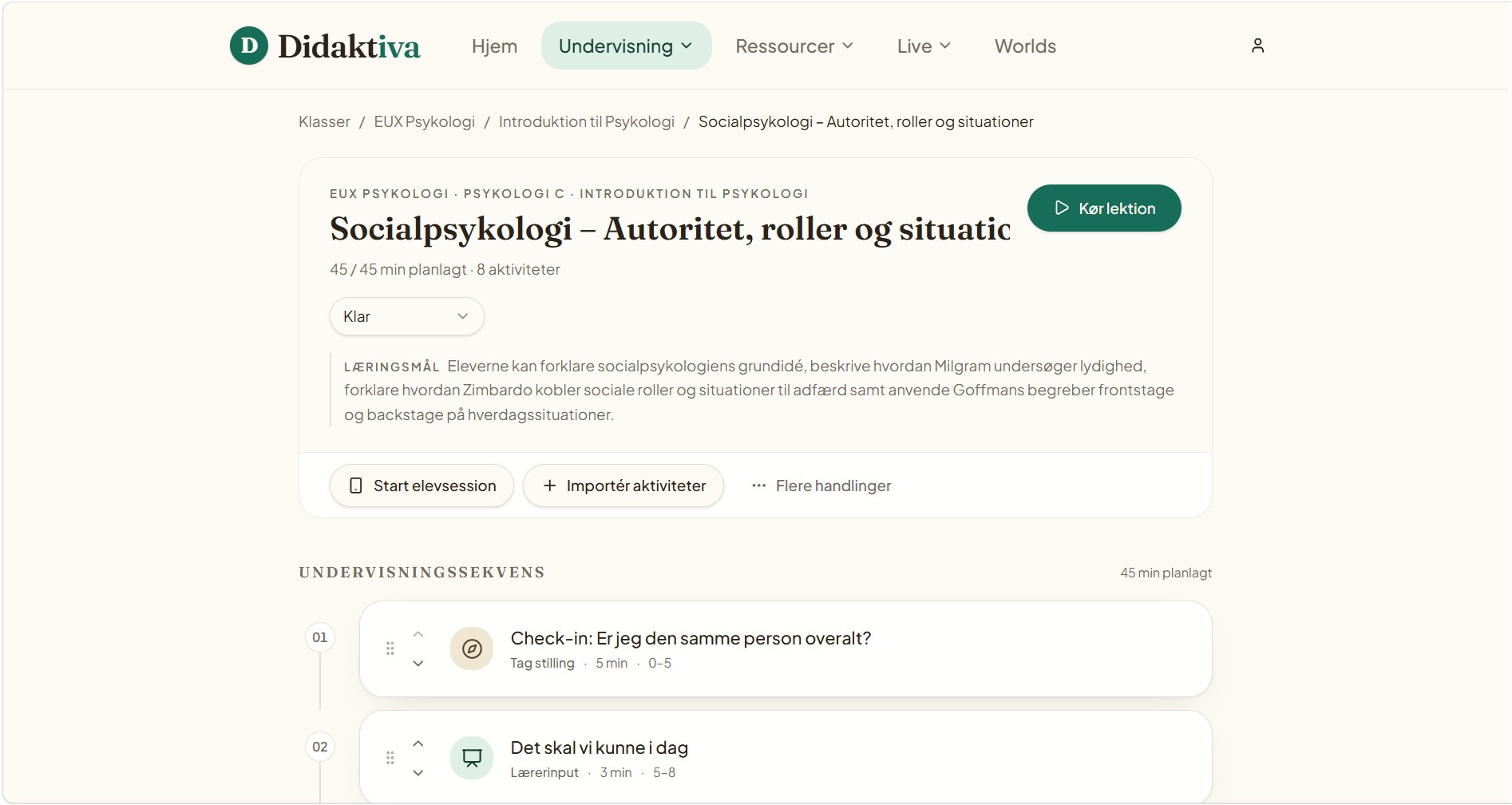 Didaktiva Lesson Editor med lektionstitel, læringsmål, varighed, Start elevsession og undervisningssekvens med blocks