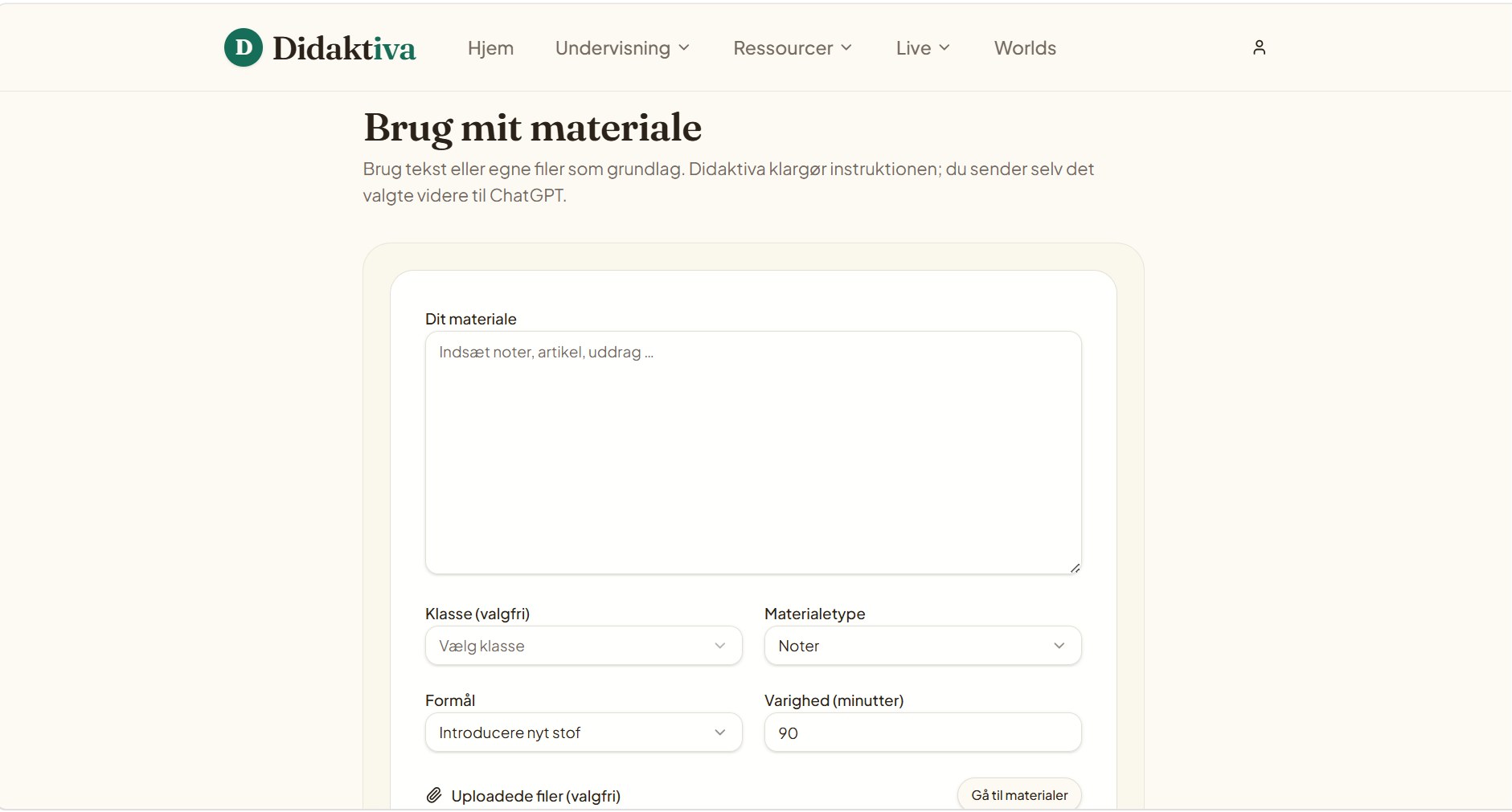 Brug mit materiale i Didaktiva med materialeinput, klasse, materialetype, formål, varighed og uploadede filer