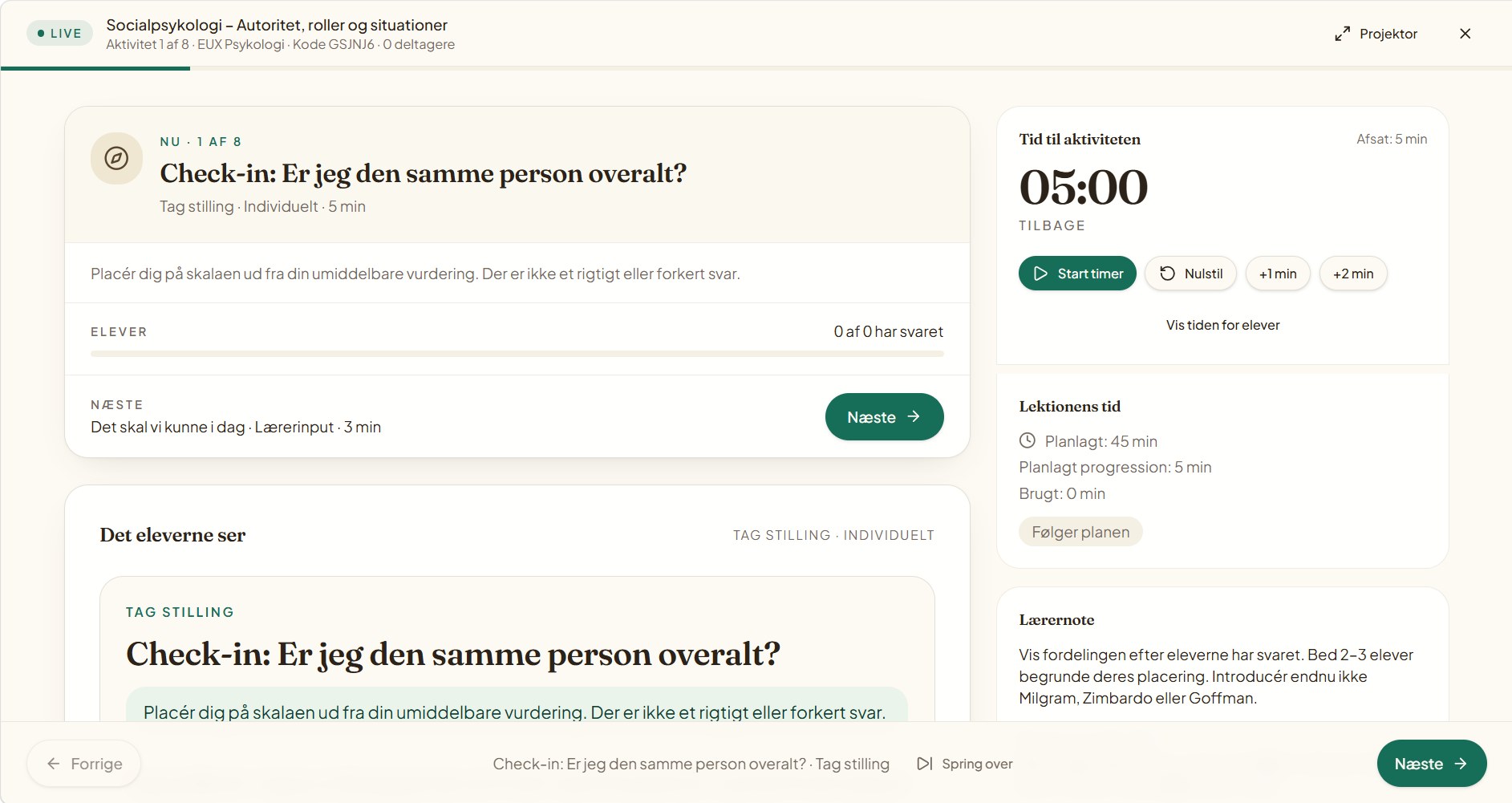 Teacher Cockpit med nuværende aktivitet, timer, det eleverne ser, progression, lærernote og næste aktivitet
